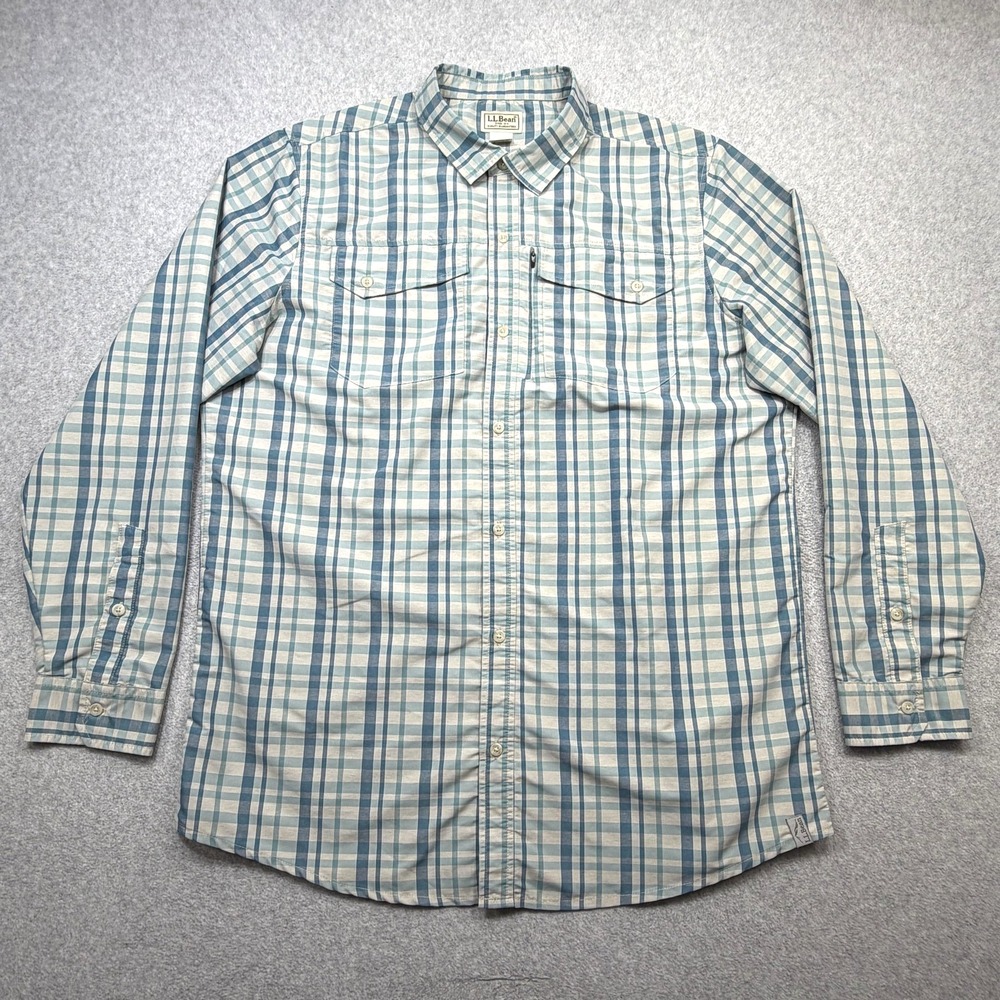 LL Bean Shirt Mens Large Tall Blue Plaid Long Sleeve Performance Hiking Fishing